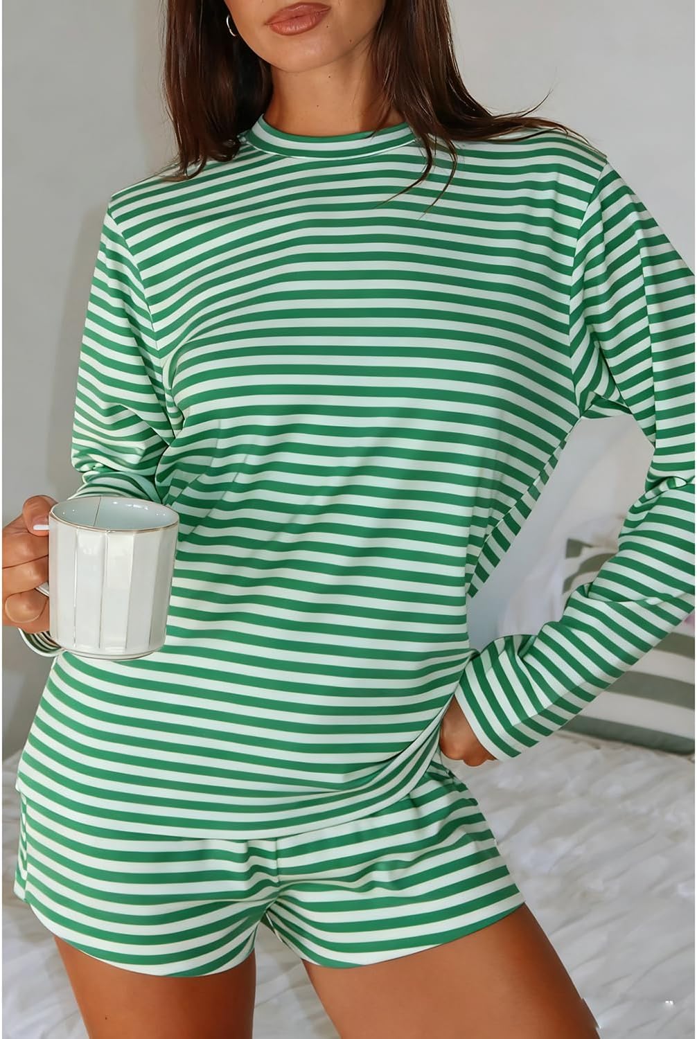 RUEWEY Women Striped Pajamas Set Crewneck Long Sleeve Loose Top Shorts Two Piece Lounge Sets - Image 7