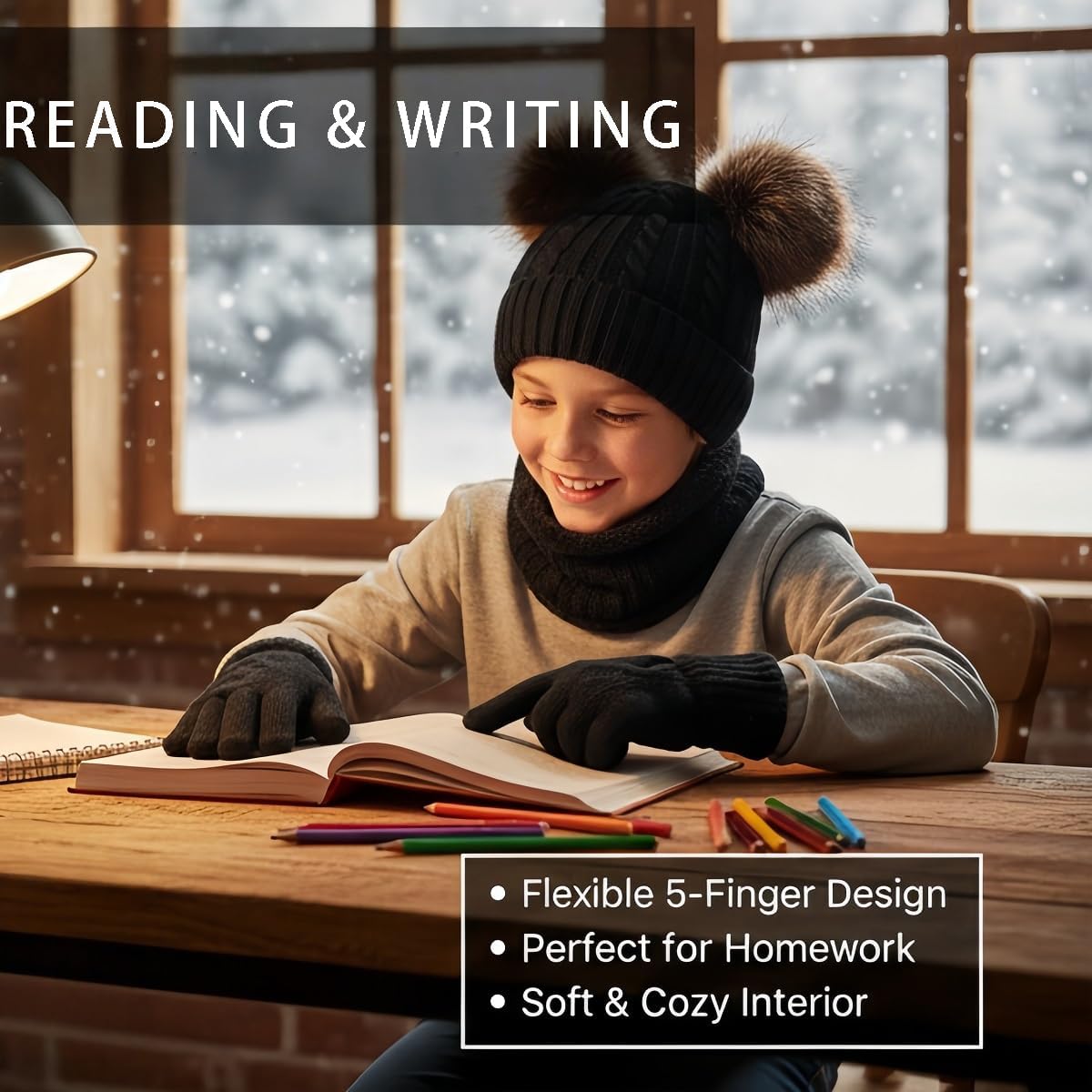 Kids Winter Hat Gloves Scarf Set, Knit Beanie with Pompom for Girls Boys Neck Warmer Thick Fleece Lining Thermal 2-10 Toddler - Image 3