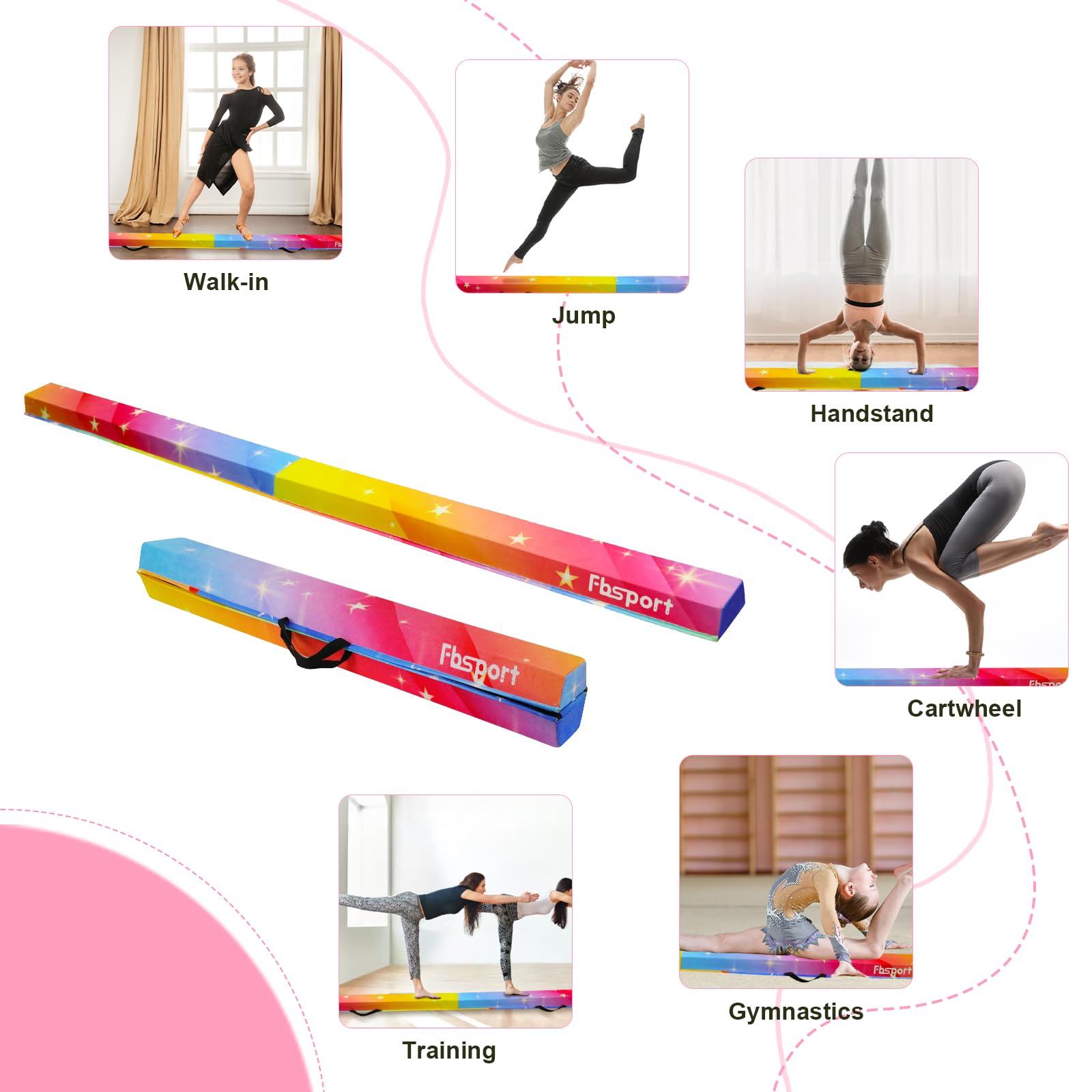 FBSPORT 210 cm składana belka do balansowania, balans gimnastyczny, warstwa flokowana, balans balansowy, wyposażenie fitness dla dzieci