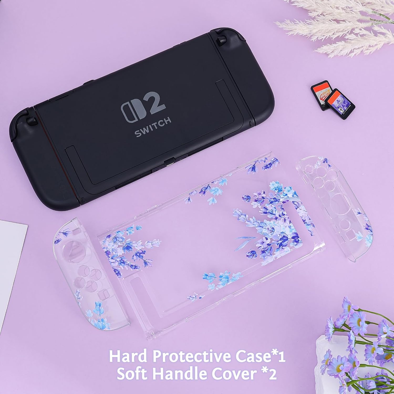 DLseego Protective Case Flower Floral Clear Switch 2 (2025), Detachable Joy-Handle Protective Case 2-Piece Split Full Wrap PC Hard Shell Anti-Scratch All-Round Protection Cover, Lavender, Purple