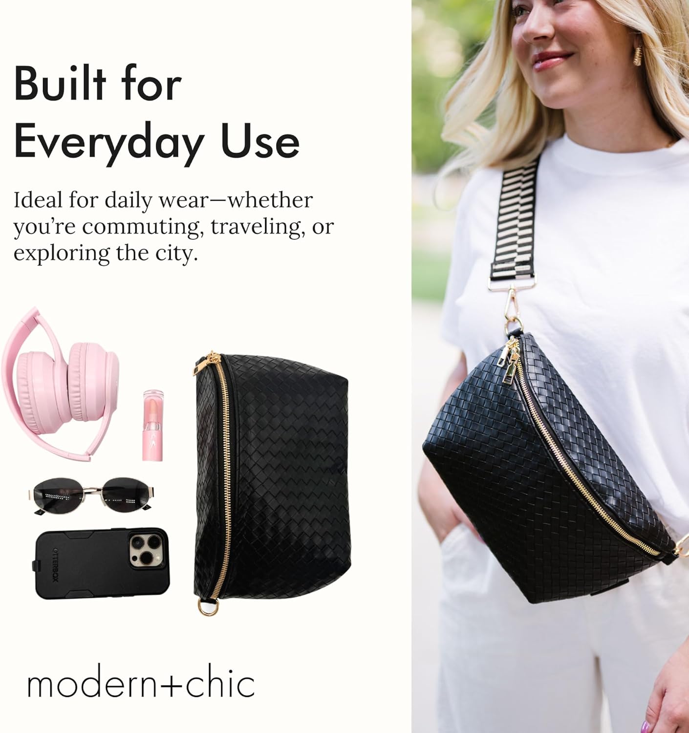 Modern+Chic Belt Bags for Women - Rory Oversized Crisscross Belt Bag for Women, Vegan Leather Crossbody Bag with Strap and Multiple Pockets - Image 4