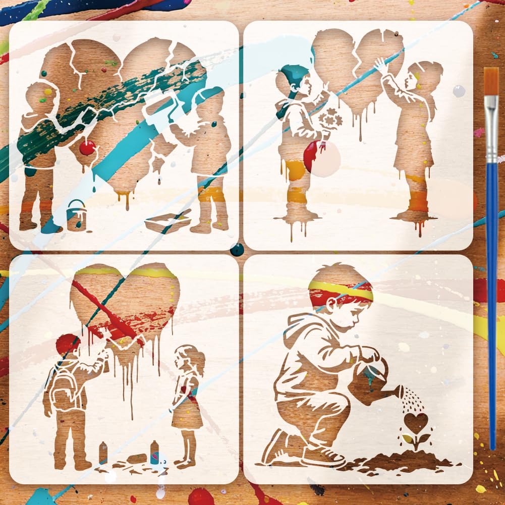 FINGERINSPIRE 4 Stück Schablonen Mit Figuren Und Herzen Sowie Einem Pinsel 15x15cm Wiederverwendbare Banksy Motive Zeichenvorlage Aus PET Kunststoff Für Malprojekte Auf Holz Leinwand Und Stoff