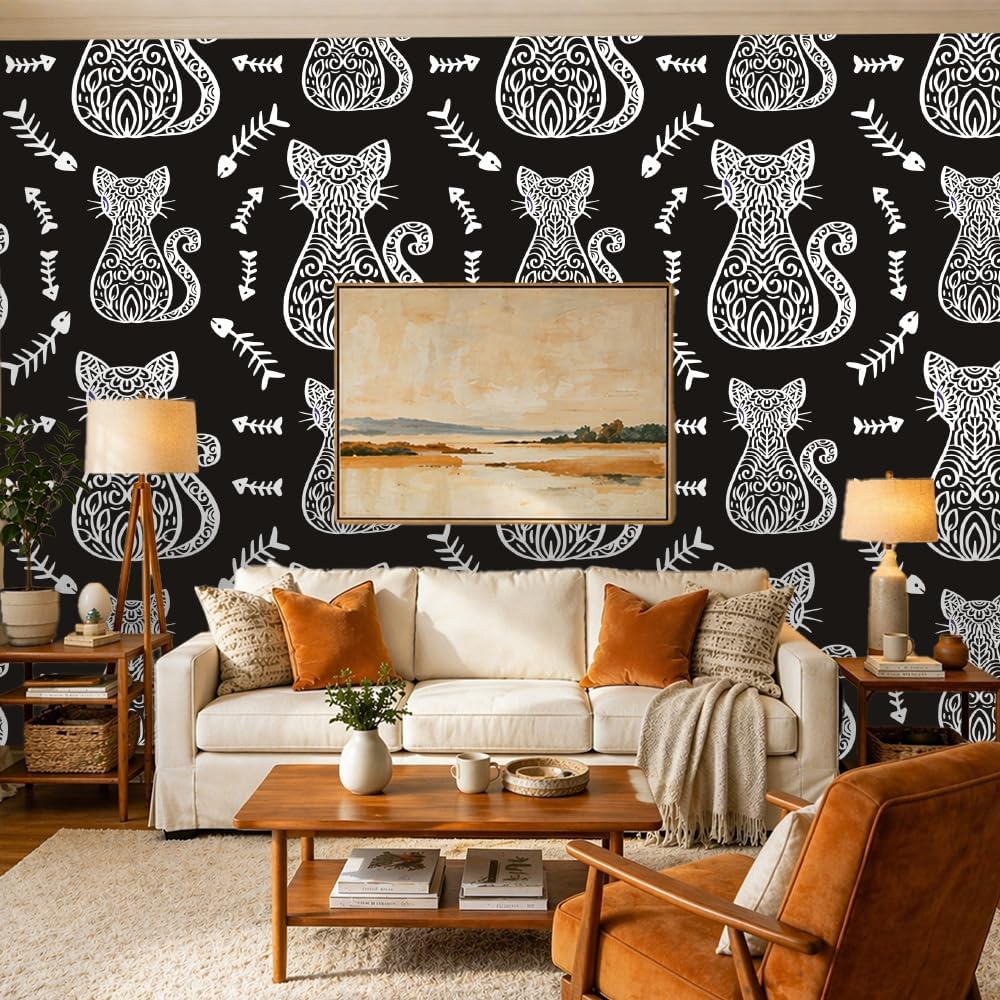 Chunlei Peel and Stick Wallpaper, Black Background Line Art Cat Fish Bone Pattern, 118in x 17.7in, Waterproof Vinyl, Removable Reusable, Eco-Friendly, for Bedroom Living Room Rental Apartment image 2
