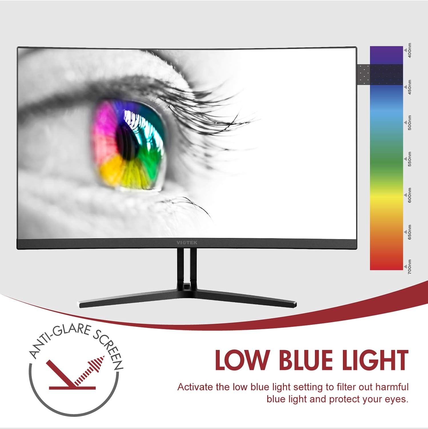 Viotek NB24CW monitor displaying an eye, illustrating the Low Blue Light feature.