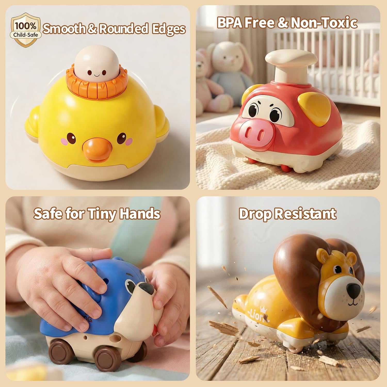 STACTCUTE 6pcs Press and Go Animal Toy Cars for Toddlers 1-3, Baby Push Go Battery-Free Long-Distance Friction Powered Vehicles for 6-12-18 Months, 1st Birthday Gifts for Boys & Girls