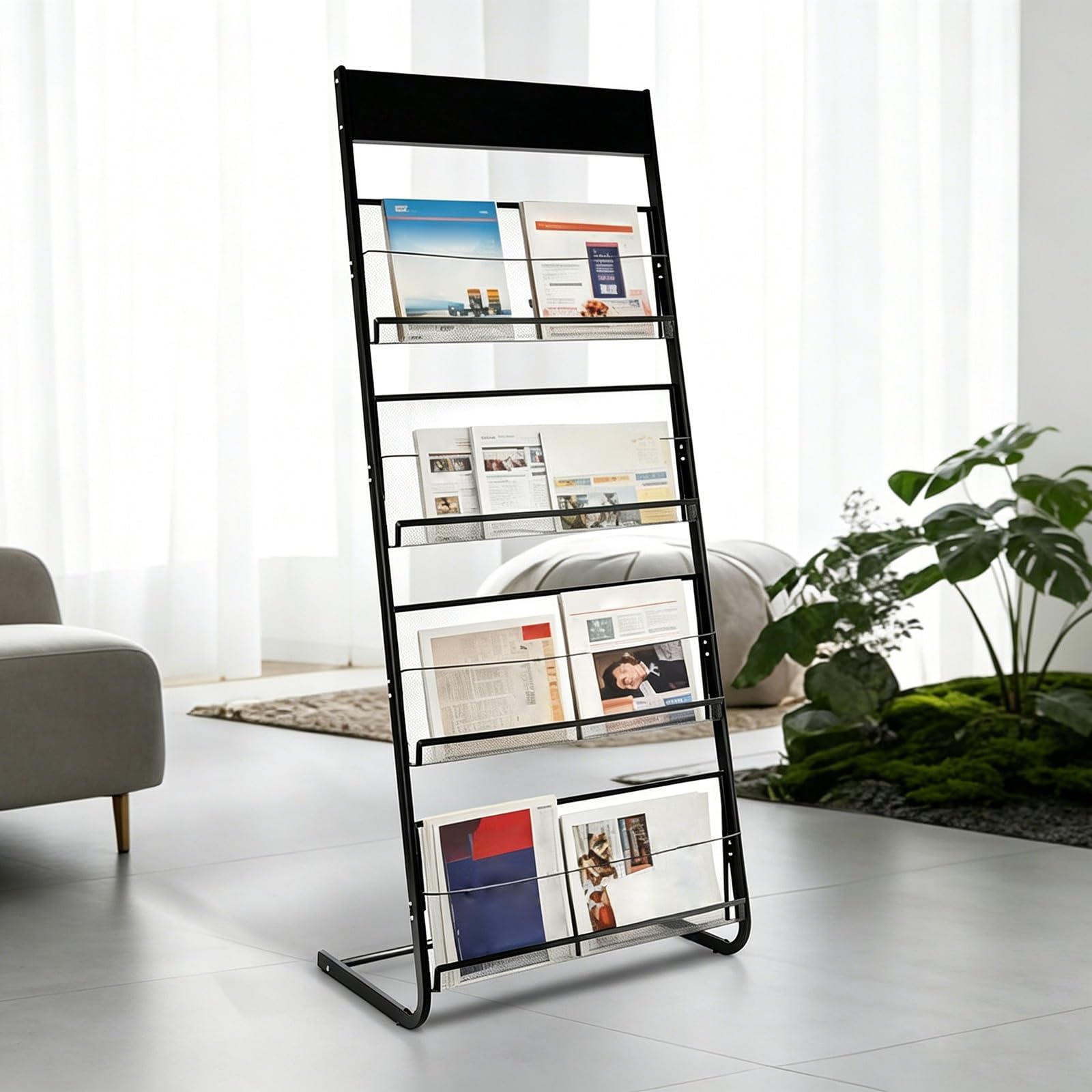 CJWKXQOL Floor Standing Brochure Display Rack, Metal Mesh Magazine Holder, Simple Wire Literature Stand for Shopping Malls, Hospitals, Exhibitions，Offices(Black,142 * 30cm/56 * 12in)