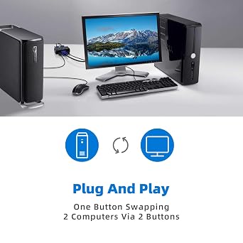 VGA USB KVM Switch, 2 Port VGA KVM Switcher Selector with Cables for 2PC Sharing 1 Video Monitor and 3 USB Devices Keyboard Mouse Printer Scanner