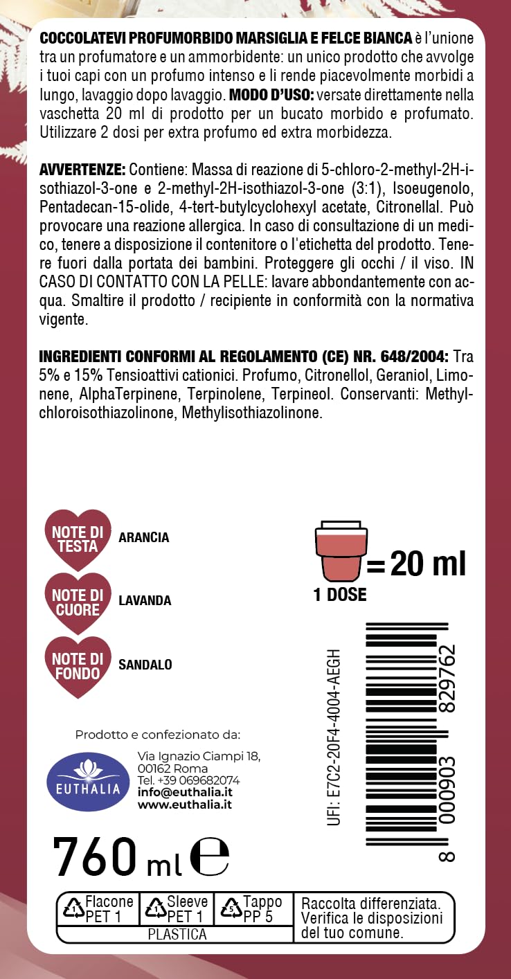 COCCOLATEVI Profumorbido Marsiglia e Felce Bianca, Confezione da 3 x 760 ml, Profumatore e Ammorbidente 2in1, 38 Lavaggi a Flacone, Formula Concentrata con Oli Essenziali e Microcapsule