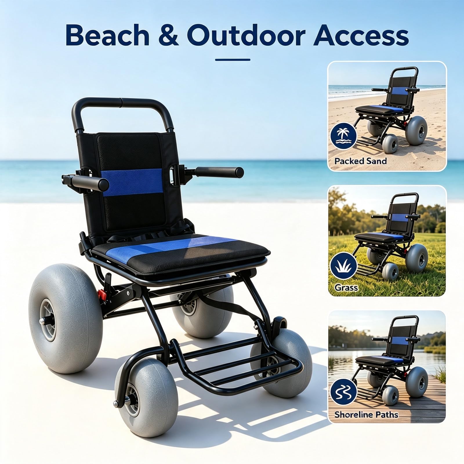 Silla Playa Plegable Ligera Con Ruedas, Andador De Playa Todoterreno, | Impermeable, Para Acceso A Playa, Césped, Grava Y Agua, Transporte De Viaje Para Personas Mayores
