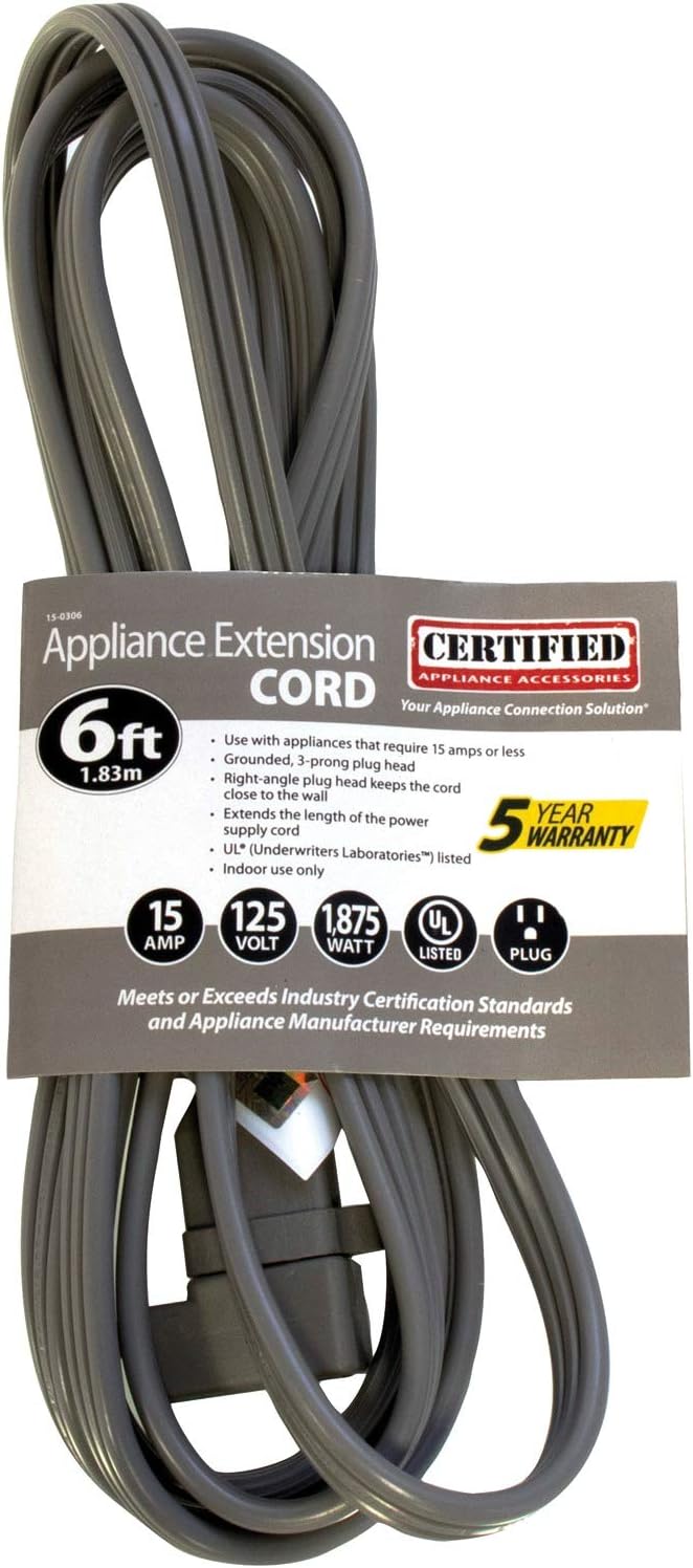 Certified Appliance Accessories 15-0306 15-Amp Appliance Extension Cord, 6 Feet, Grounded, Right Angle Plug Head, gray