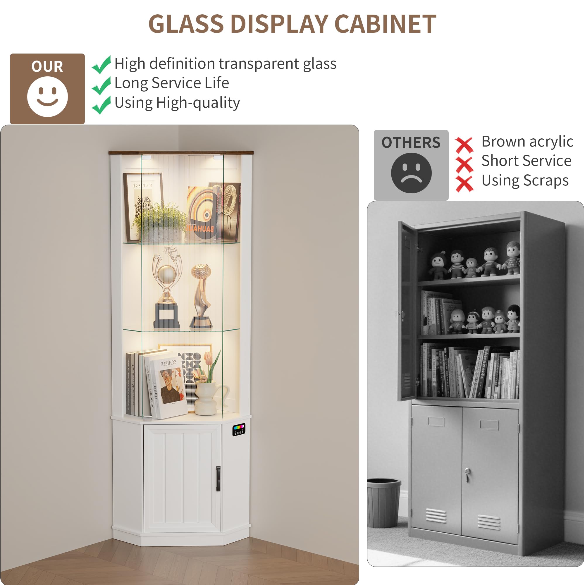 Lvifur Eckvitrine mit LED Beleuchtung und Schubladen für Sammlerstücke,Wein,3-Lagen Glasvitrine Vitrine Vitrinenschrank mit Intelligente Sensorik für Wohnzimmer,Schlafzimmer