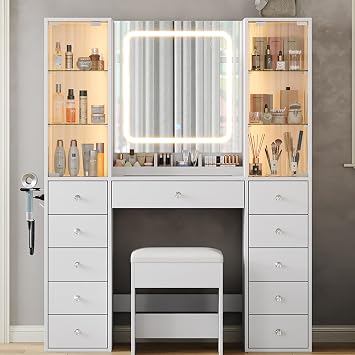 FUSOU Dressing Table with 11 Drawers & 2 Large Storage Cabinets, Adjustable Glass Shelf, Dressing Table with Mirror and Stool, Vanity with Glass Top and Power Outlet, Vanity Desk for Bedroom, White