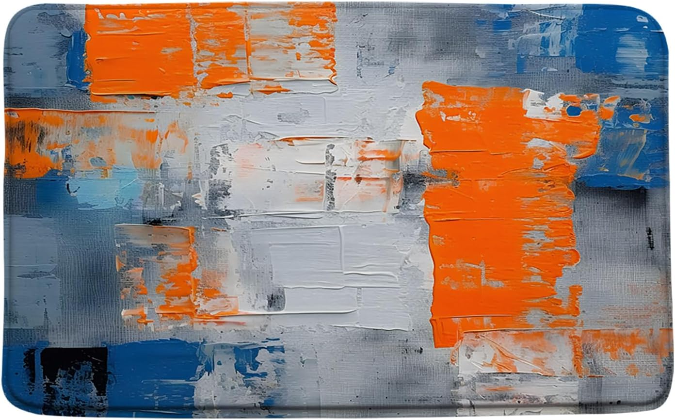 Sunhe Blue Orange Bath Mat Burnt Blue Orange and Gray Abstract Brushstrokes Oil Painting Modern Art Memory Foam Home Office Door Bathroom Decor Mat,24"x70"