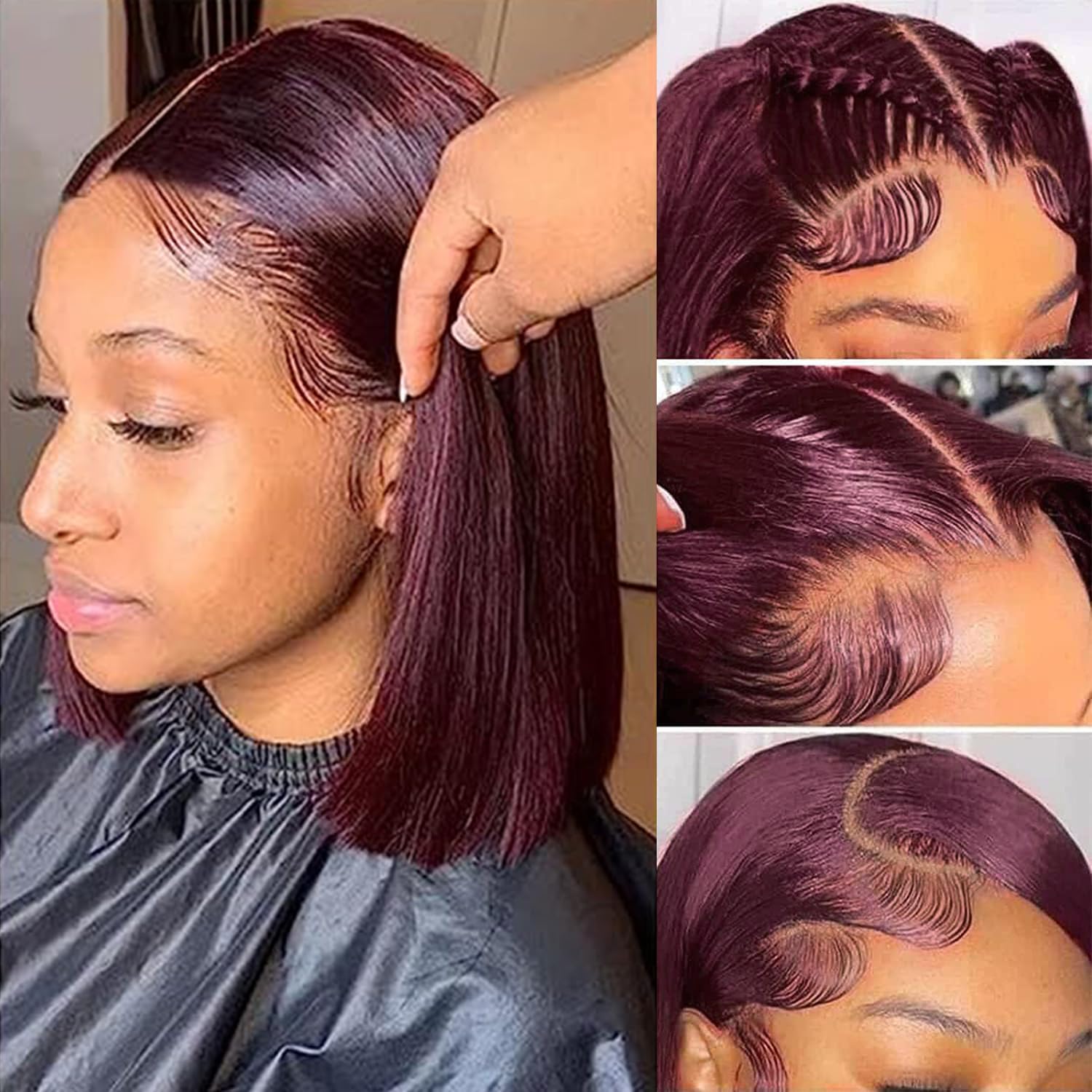 Datanala Bob Wig Human Hair 12Inch 99J Brazilian Virgin 100% Unprocessed Straight Human Hair 13X4 Transparent Lace Front Wigs Pre Plucked Bleached Knots Straight HD Lace Front Bob Wig - Image 4