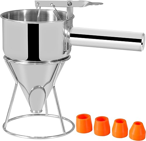 Dispensador de masa para panqueques, embudo para pastelitos y waffles de Takoyaki, embudo de acero inoxidable con soporte y boquillas