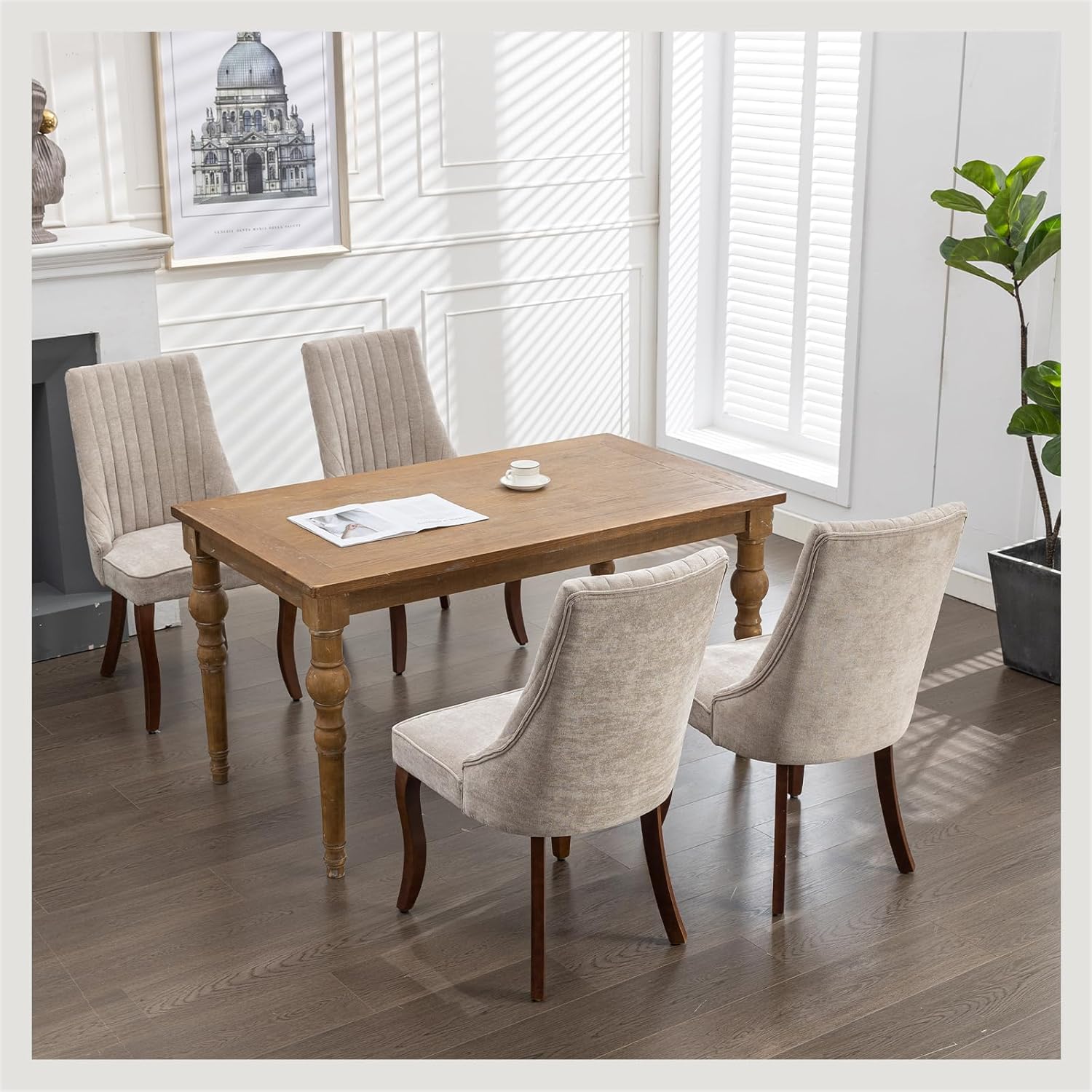 Dining Chairs Set of 4，Linen Channel Tufted Kitchen Dining Room Chair with Curved Solid Wood Legs, Comfortable Fabric Upholstered Dining Chair for Dining Room, (Beige, 4pc)