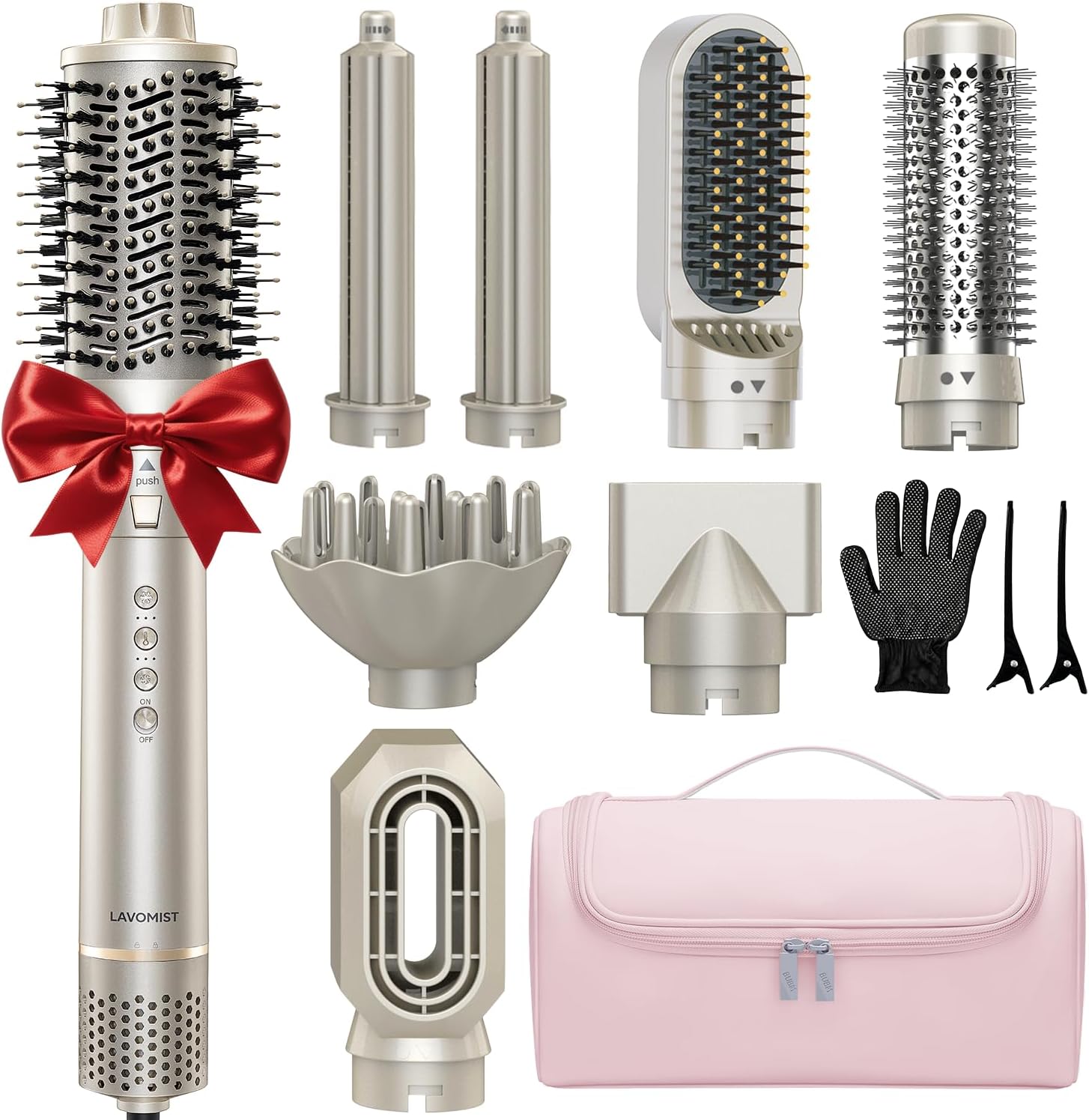 8-in-1 Dual Voltage Hot Air Styler & Hair Dryer Brush with Straightener & Curler Attachments, 110,000 RPM Ionic Fast Drying for Frizz-Free Styling, Includes Travel Bag