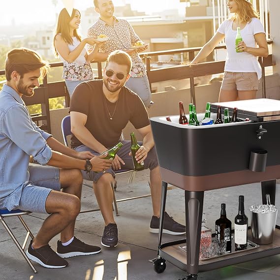Patio Cooler with Bottler Opener, 80 Quart Rolling Ice Chest with Cap Catcher and Shelf, Portable Ice Chest with Wheels for Patio, Poolside, Outdoor
