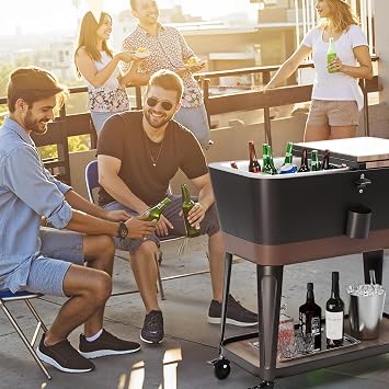 Patio Cooler with Bottler Opener, 80 Quart Rolling Ice Chest with Cap Catcher and Shelf, Portable Ice Chest with Wheels for Patio, Poolside, Outdoor