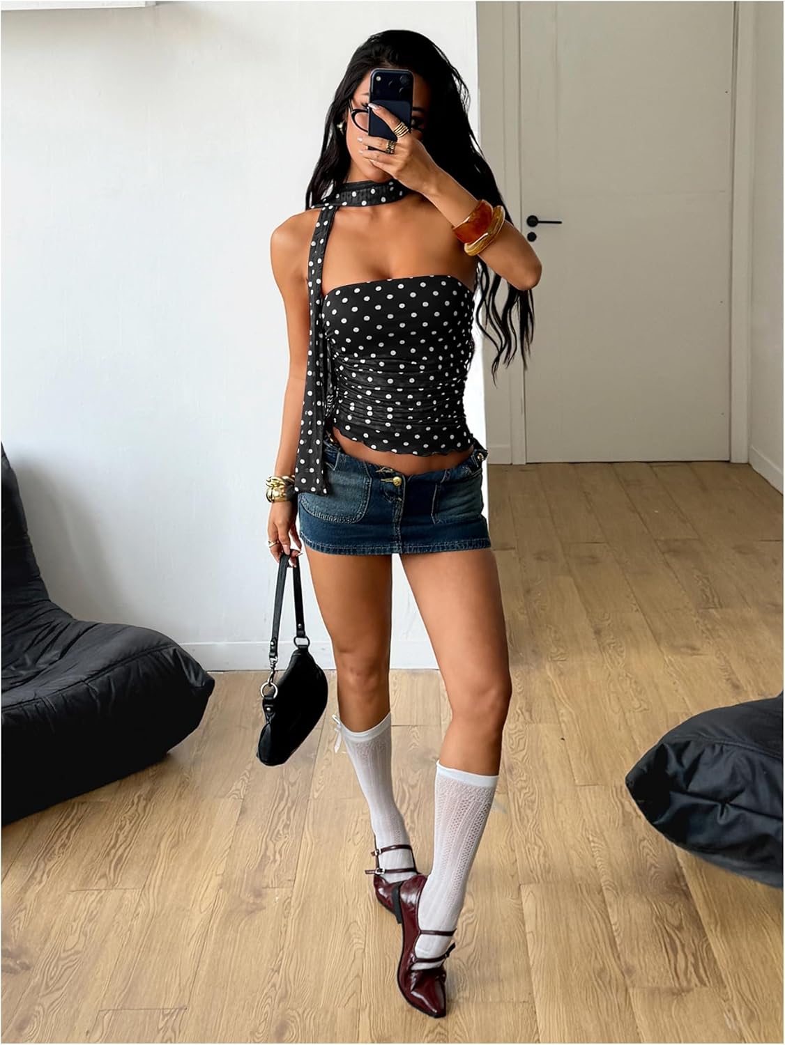 Milumia Women's Polka Dots Mesh Tube Tops Y2k Strapless Scarf Halter Top Going Out Clubbing Outfits - Image 4