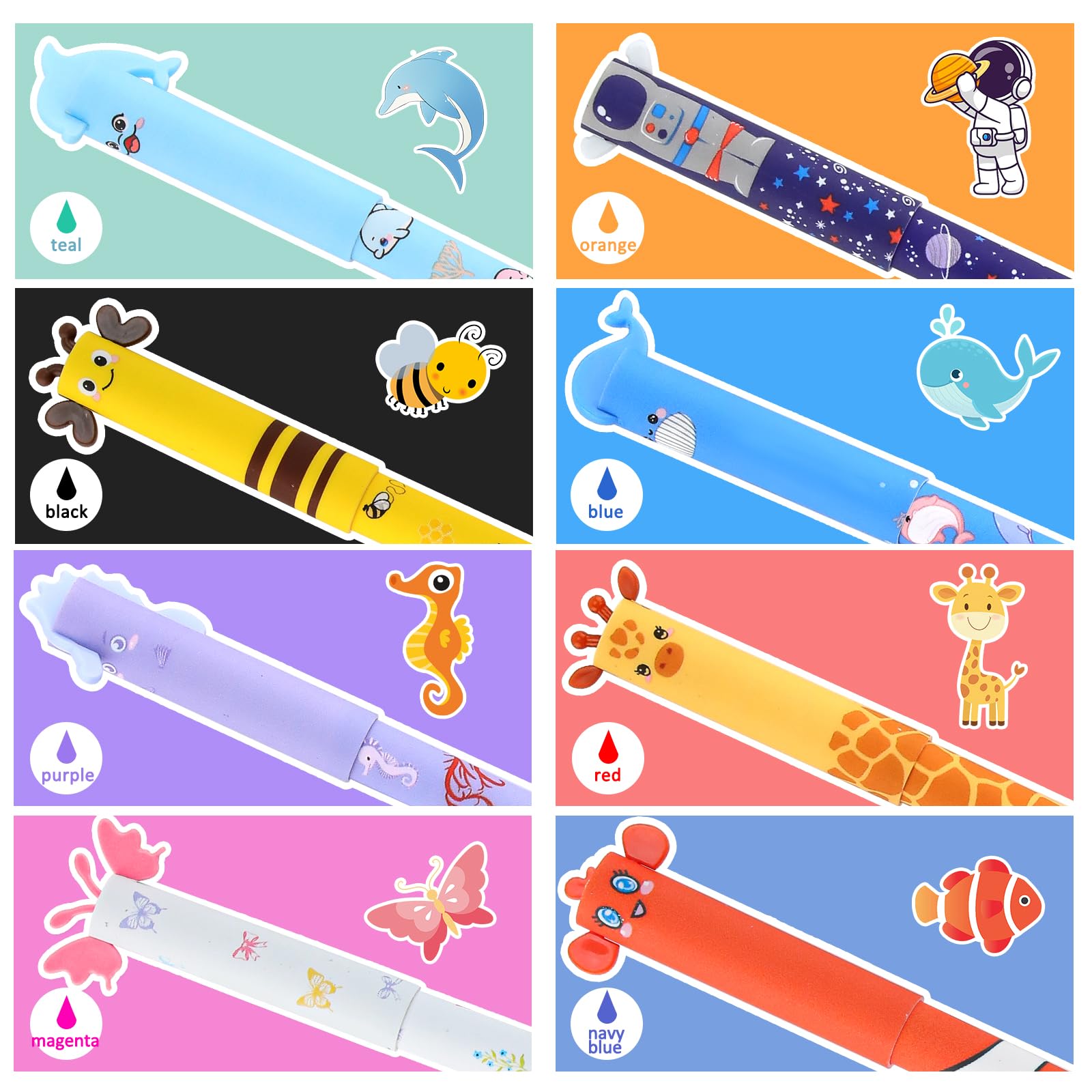 Confezione da 8 penne gel cancellabili con gomma da 0,7 mm, scrittura liscia, riscrivibili e cancellabili, 8 colori a forma di animale