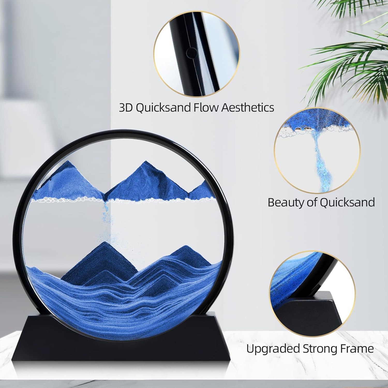 Moving Sand Art Liquid Motion, 3D Deep Sea Sandscape Color Quicksand Decor, Round Glass Moving Sand Art Picture Relaxing Desktop Home Office Work Decor (Blue, 12 inch)
