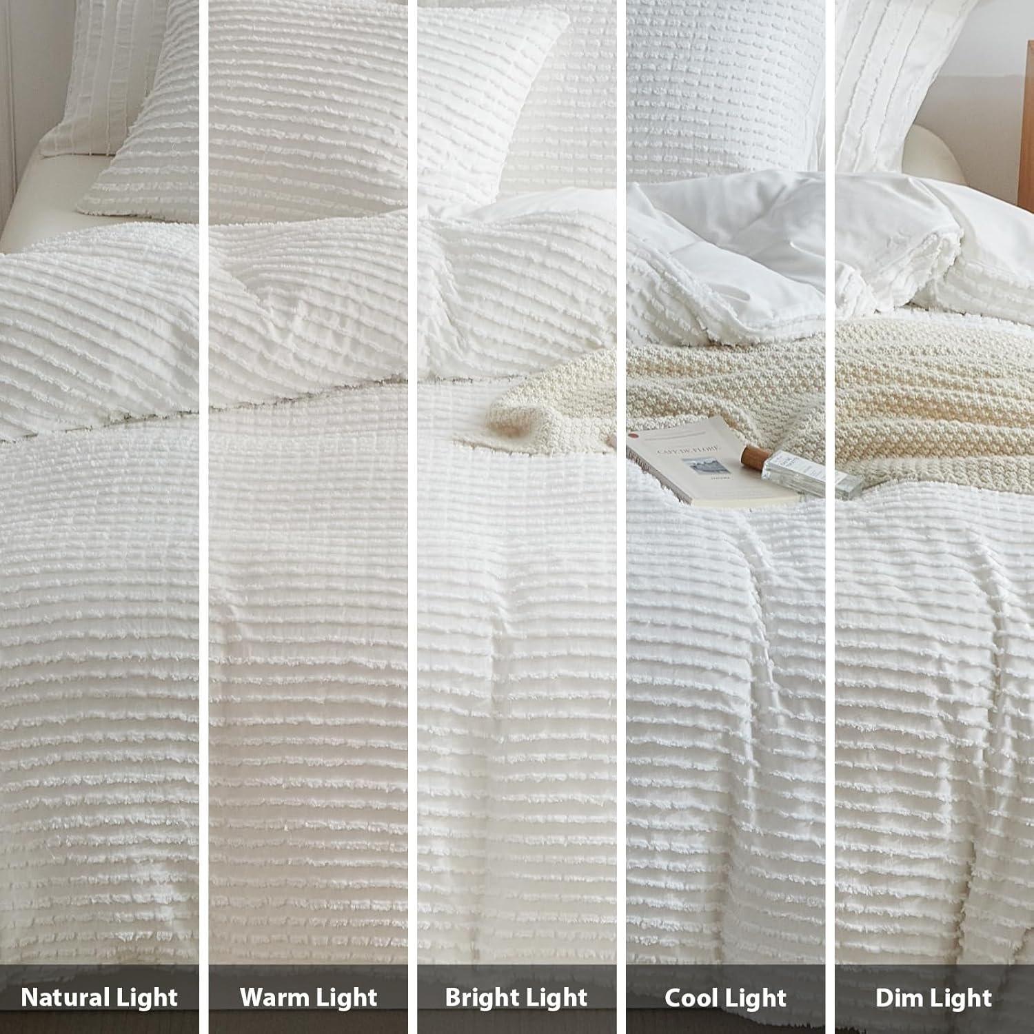 WARMDERN Boho Duvet Cover Set Queen Size,White Striped Duvet Cover Microfiber Bedding Set,3PCS Ultra Soft Breathable Lightweight Tuft Texture Pattern Duvet Covers with Zipper Closure(White,Queen) - Image 8