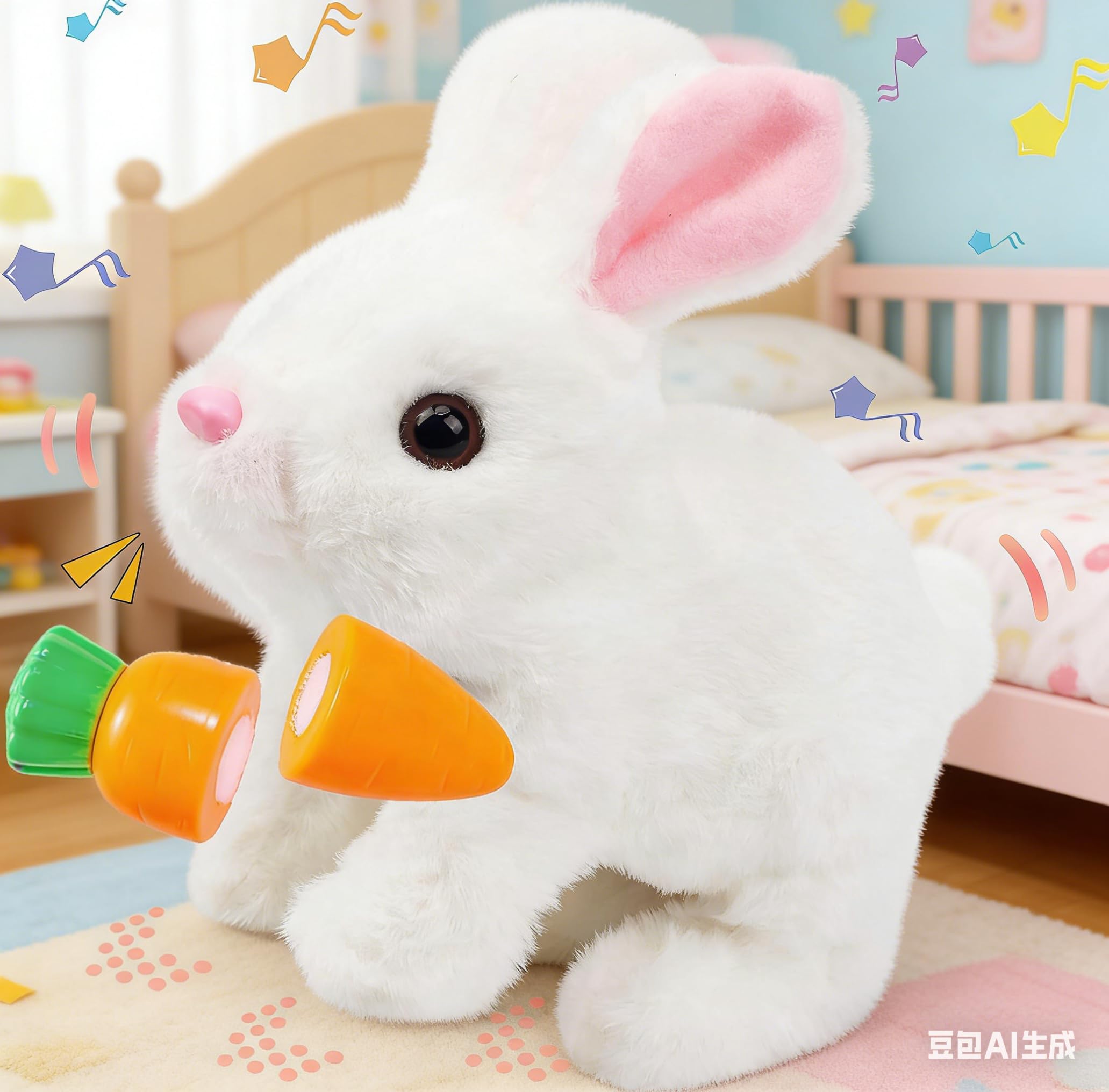 Efymosce Lapin de Pâques en peluche électrique, jouet interactif avec des sons et des oreilles mobiles, jouet sautillant pour cadeau de Pâques, lapin en tissu rampant pour enfants - 4