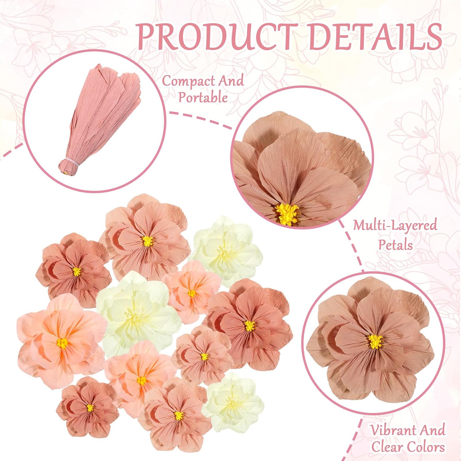 AOZUO 24 Pcs Tissue Paper Flowers, Multicolor Crepe Paper Flowers Decorations 8" 10" 12" 3 Size Flower Paper for Wedding Party Baby Bridal Shower Carnival Party Craft Nursery Wall Decor