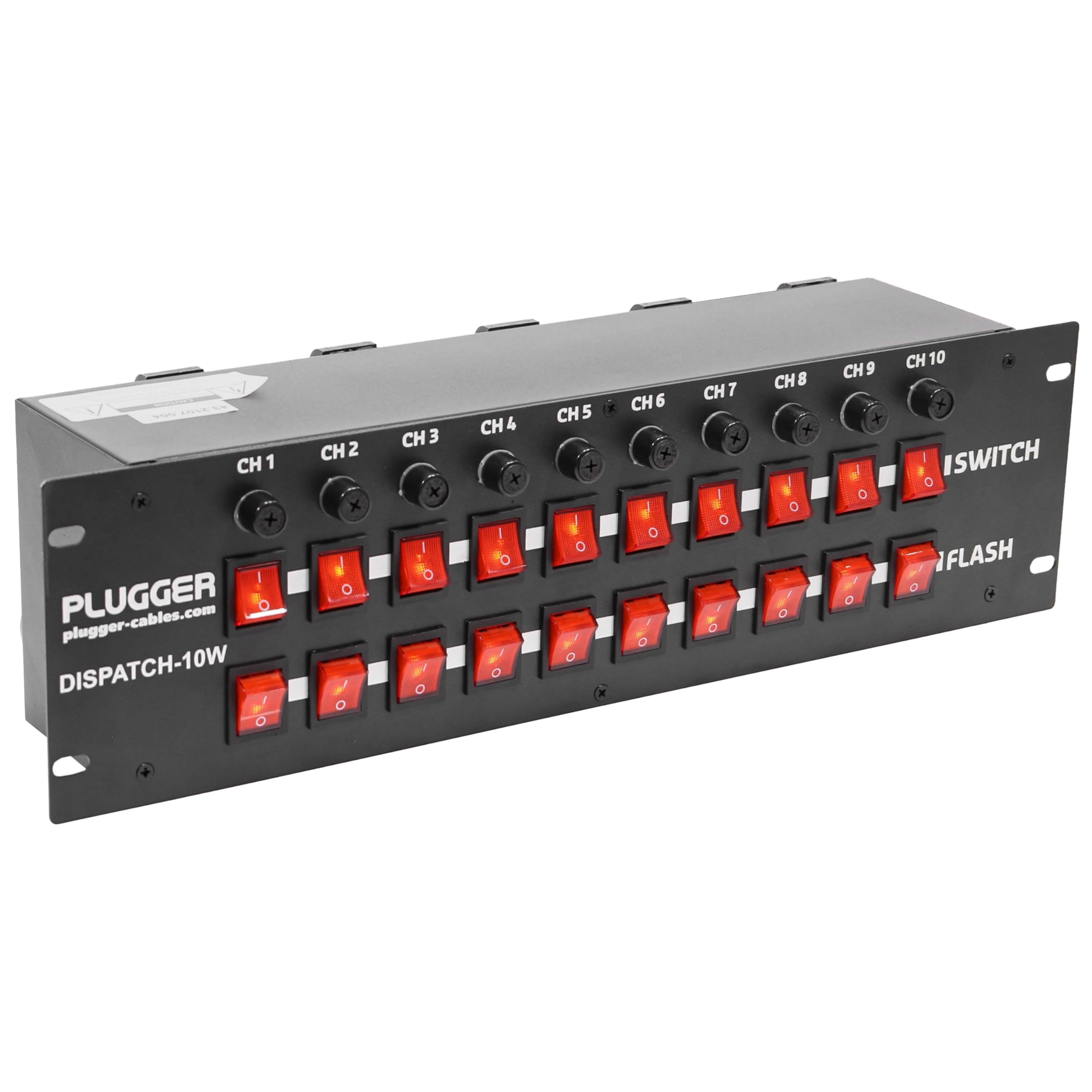 Boitier répartiteur 10 canaux Dispatch-10W Plugger. 10 Sorties 220V, avec 10 interrupteurs indépendants, 10 Boutons Flash, Protection par fusible. Format Rack 19".