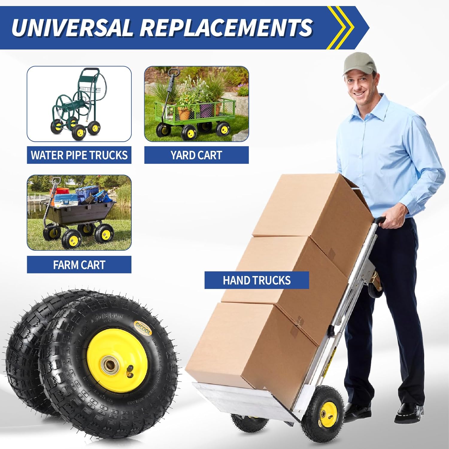 GICOOL 4.10/3.50-4 Rubber Tire and Wheel, with 2.25" Offset Hub, 5/8" Sealed Bearings, for Hand Truck Trolley Dolly Garden Wagon Wheel Replacement, 2 Pack (Explorer Series)