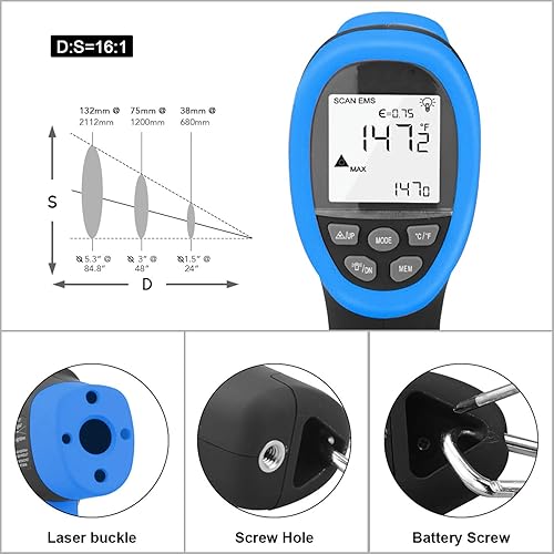 Miniatura 5 de BTMETER BT-985B - Pirómetro de pistola de temperatura láser, -58  2480  (-50  2,480.0 F), medidor de alta temperatura, 161 relación de punto de
