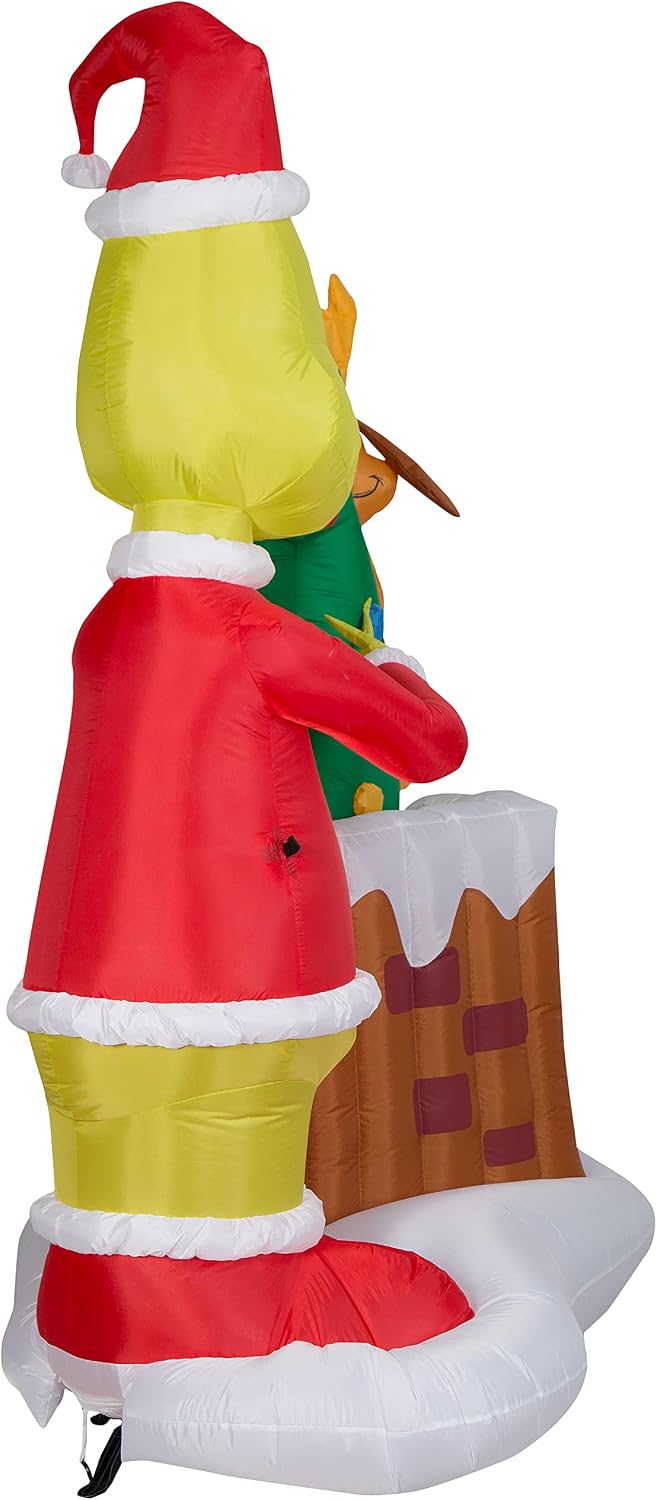 Gemmy Animated Airblown Inflatable Grinch Pulling Tree from Chimney Scene Dr. Seuss, 6.5 ft Tall