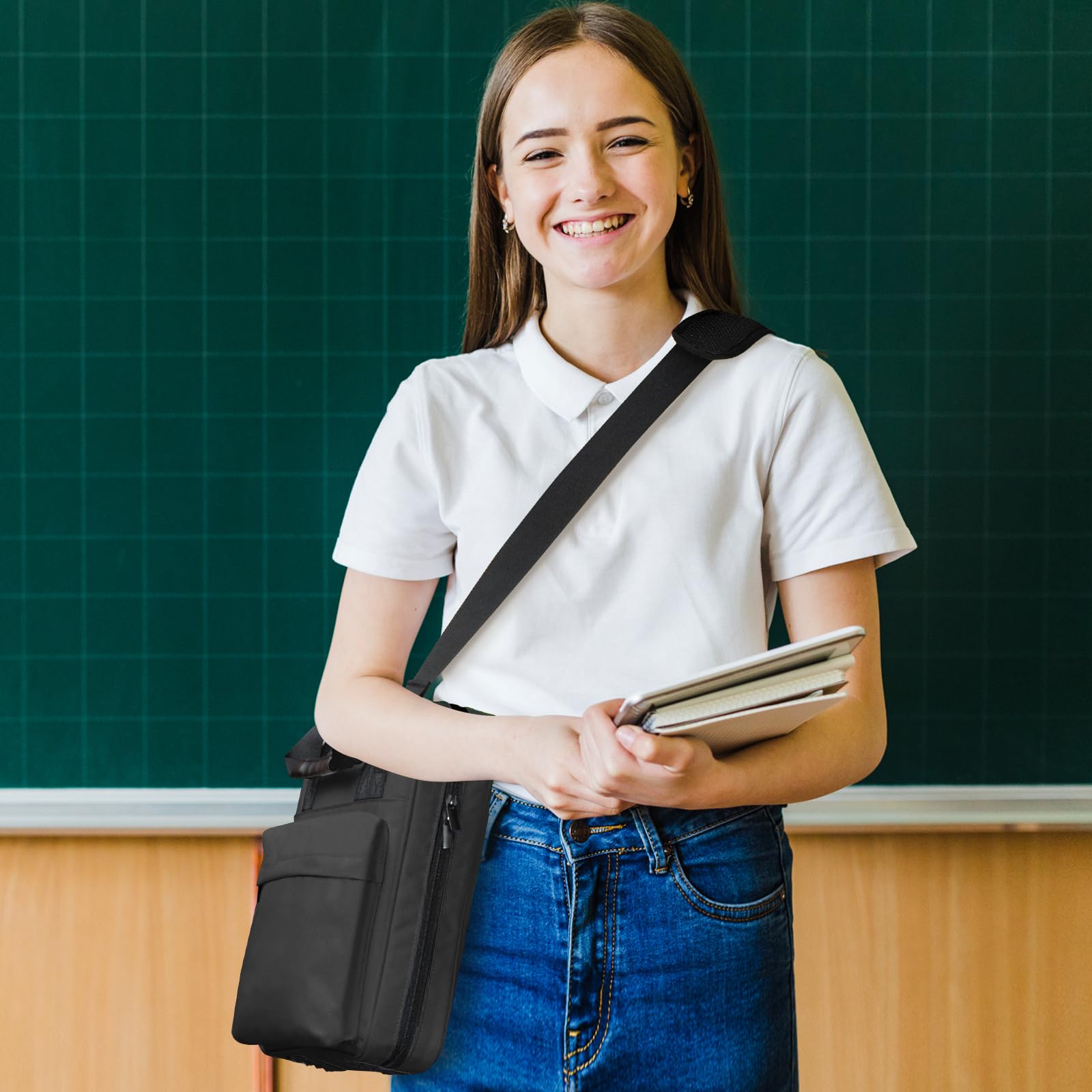 Carpeta con cremallera, carpeta de 3 anillos de 2 pulgadas con correa para el hombro y asa, organizador de carpetas con cremallera para escuela secundaria y oficina, color negro