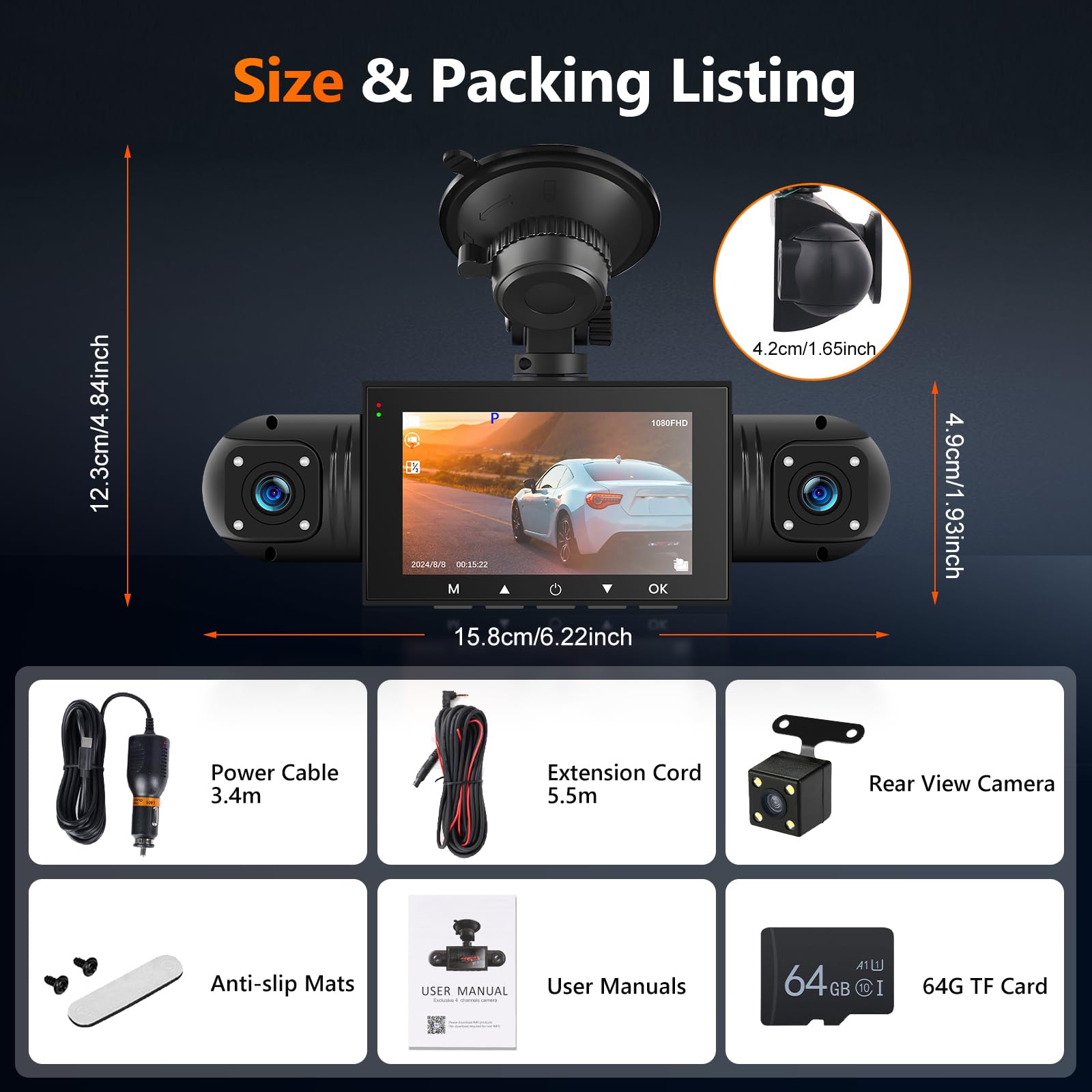 Podofo Mirror Dash Cam 4 Canales Delantera Trasera, Cámara de Espejo Retrovisor con Tarjeta de 64GB/G-Sensor/Monitorización de Aparcamiento/Visión Nocturna/24H Modo Aparcamiento + Cámara Trasera 1080P