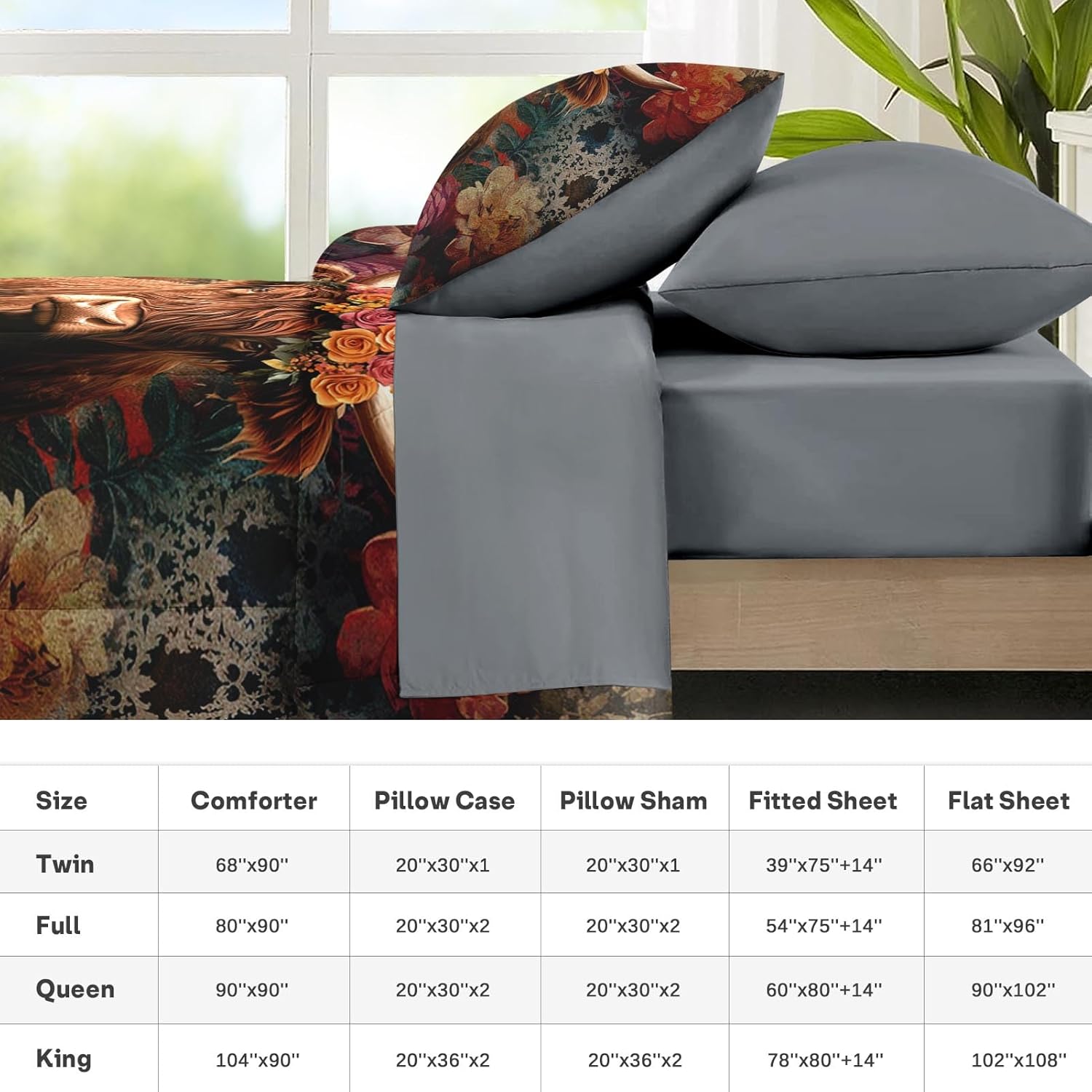 Nesker 7 Pcs Comforter Set Queen Size, Highland Cow Bedding Set for Kids and Adults, Animal Farm Spring Flower Bed Sheet Sets with Fitted Sheet 2 Pillowcases & 2 Shams - Image 7