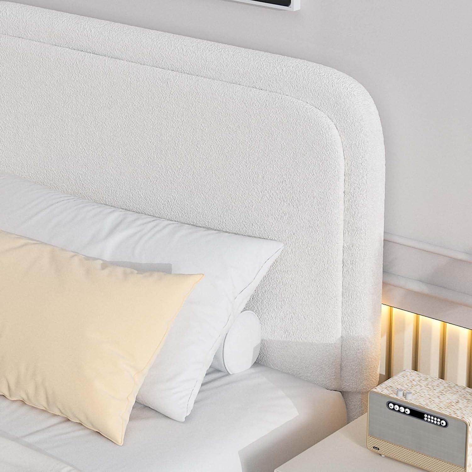 Fully assembled BarnFurin Queen Size Bed Frame with mattress and bedding, showcasing the boucle headboard.