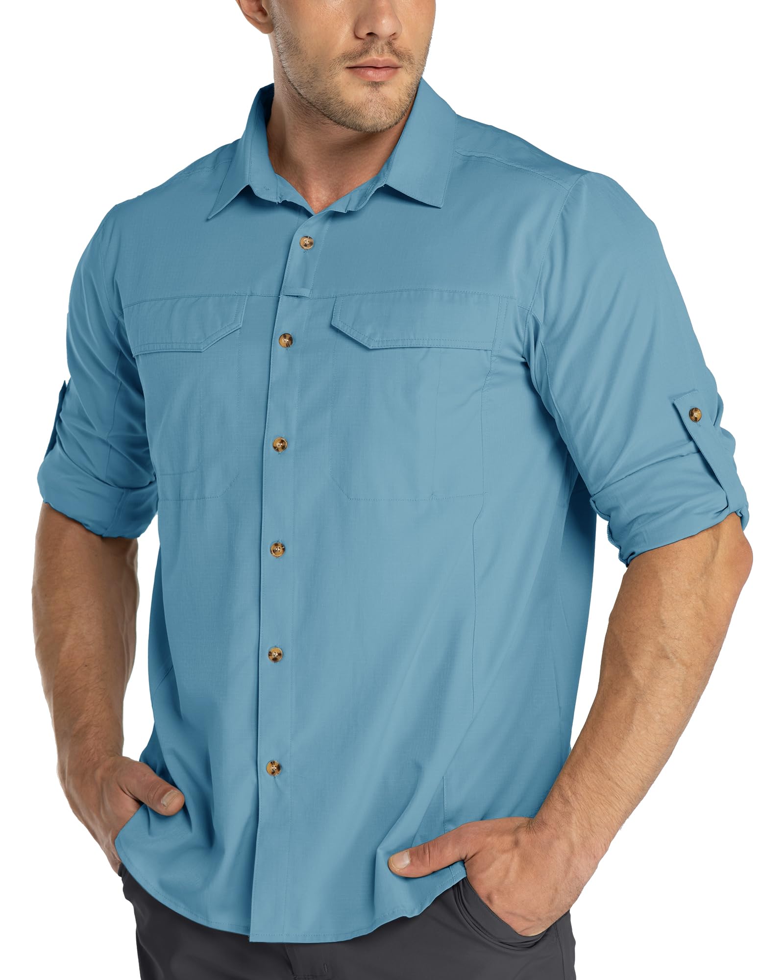 33,000ft Funktionshemd Herren UPF50+ UV-Schutz Langarm Hemd Atmungsaktiv Button-Down-Hemd Outdoor Sportliches Freizeithemd Angelhemd Für Männer Blau S
