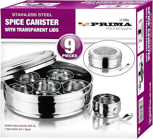 9 Pcs PRIMA Stainless Steel Spice Box | Masala & Dressing Dispenser Canister | Indian & Pakistani Traditional Dabba Jars | Transparent Lid 20cm Home Kitchen Restaurant Storage Organiser UK FREE P&P