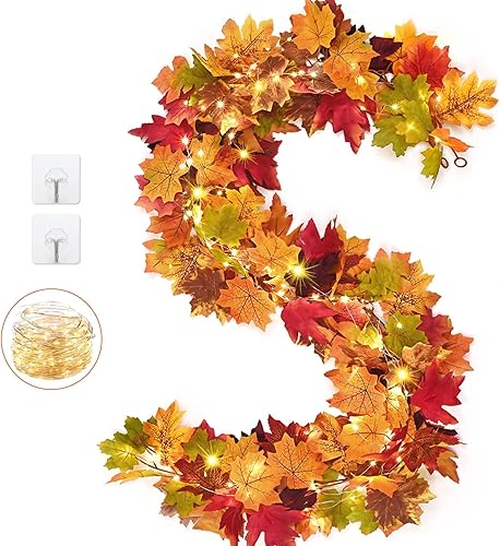 Waipfaru Guirnalda de otoño con luces 5.7 piespieza, guirnalda iluminada de hojas de otoño de girasol con decoración de calabaza de bayas,