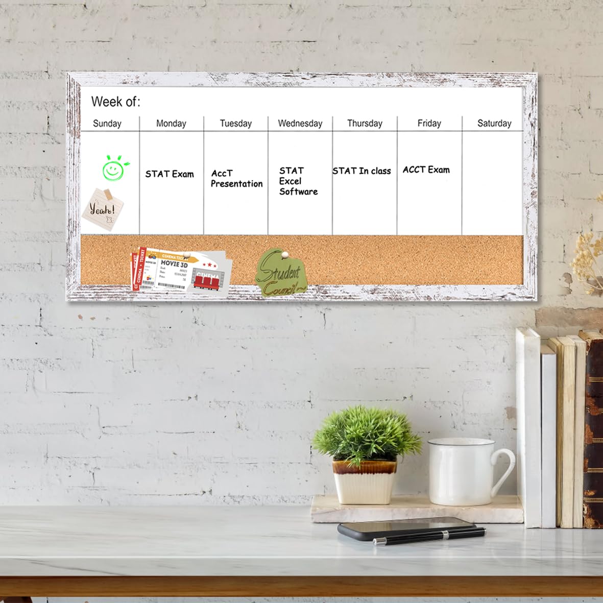 Pizarra blanca magnética semanal de borrado en seco y tablero de corcho, marco de madera blanca, superficie magnética pizarra blanca para el hogar, oficina y decoración de pared (ZHZL-3060WH)