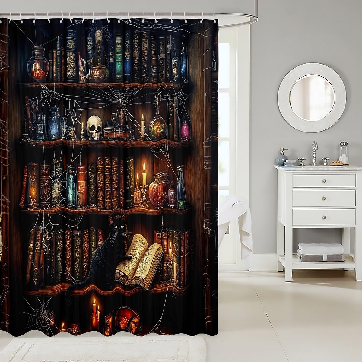 Manfei Black Cat Kids Shower Curtains,Retro Bookshelf Reading Books Bathroom Curtains for Boys Girls,Skull Spider Web Animal Pet Psychedelic Brown Waterproof Curtains,12 Hooks Suits,72" W x 84" L