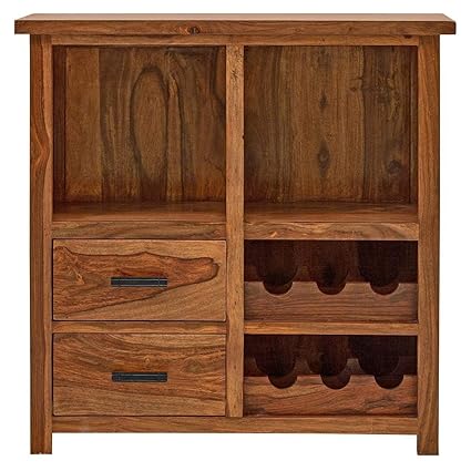 MS WOOD FURNITURE Bar-Wine Cabinet Stylish Bar Cabinet for Living Room | Wine Storage| Natural Brown Finish | Sheesham Solid Wood