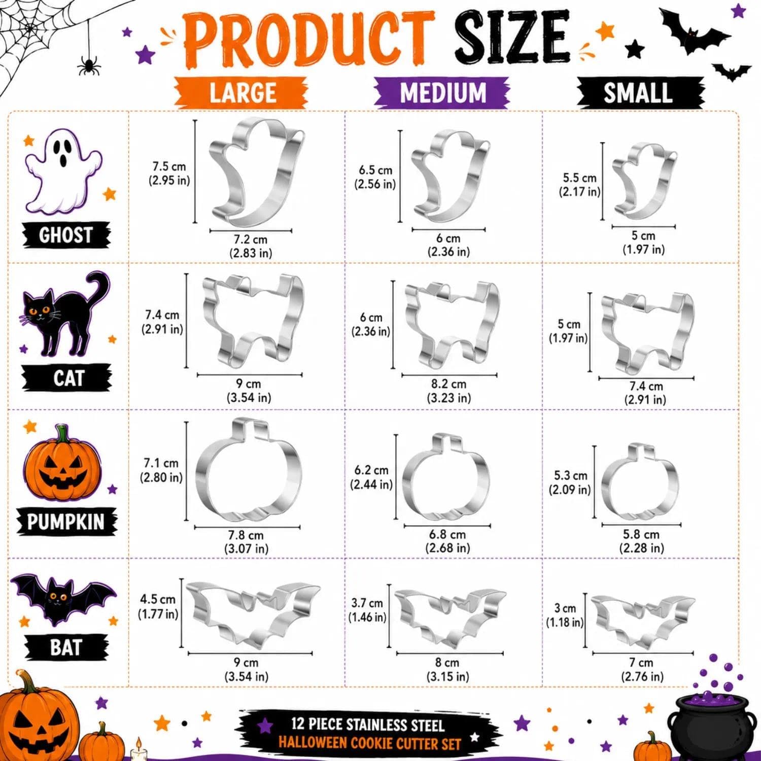 Halloween Cookie Cutters Set - 12 Pieces Stainless Steel Halloween Cookie Cutters Shape,Pumpkin, Ghost, Bat and Cat Cookie Cutter Shapes for Holiday Parties