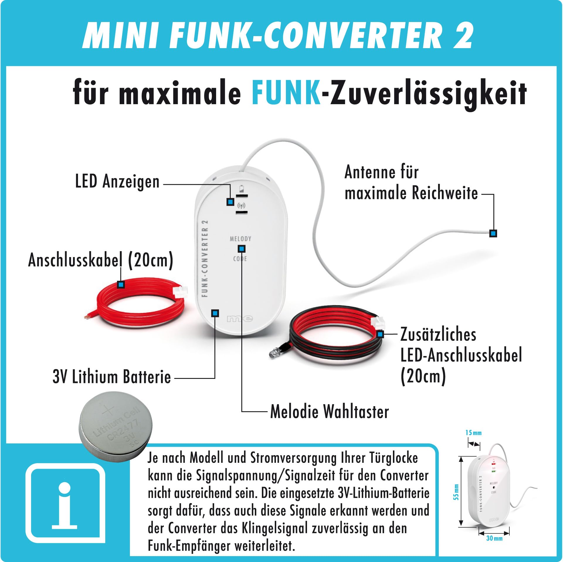 m-e Bell 5553 Funk Klingel Weiterleitung - Einbau in Klingelleitung oder Gehäuse Türklingel Erweiterung | Türklingel Verstärker (Funk Converter + Klingel (Batterie))