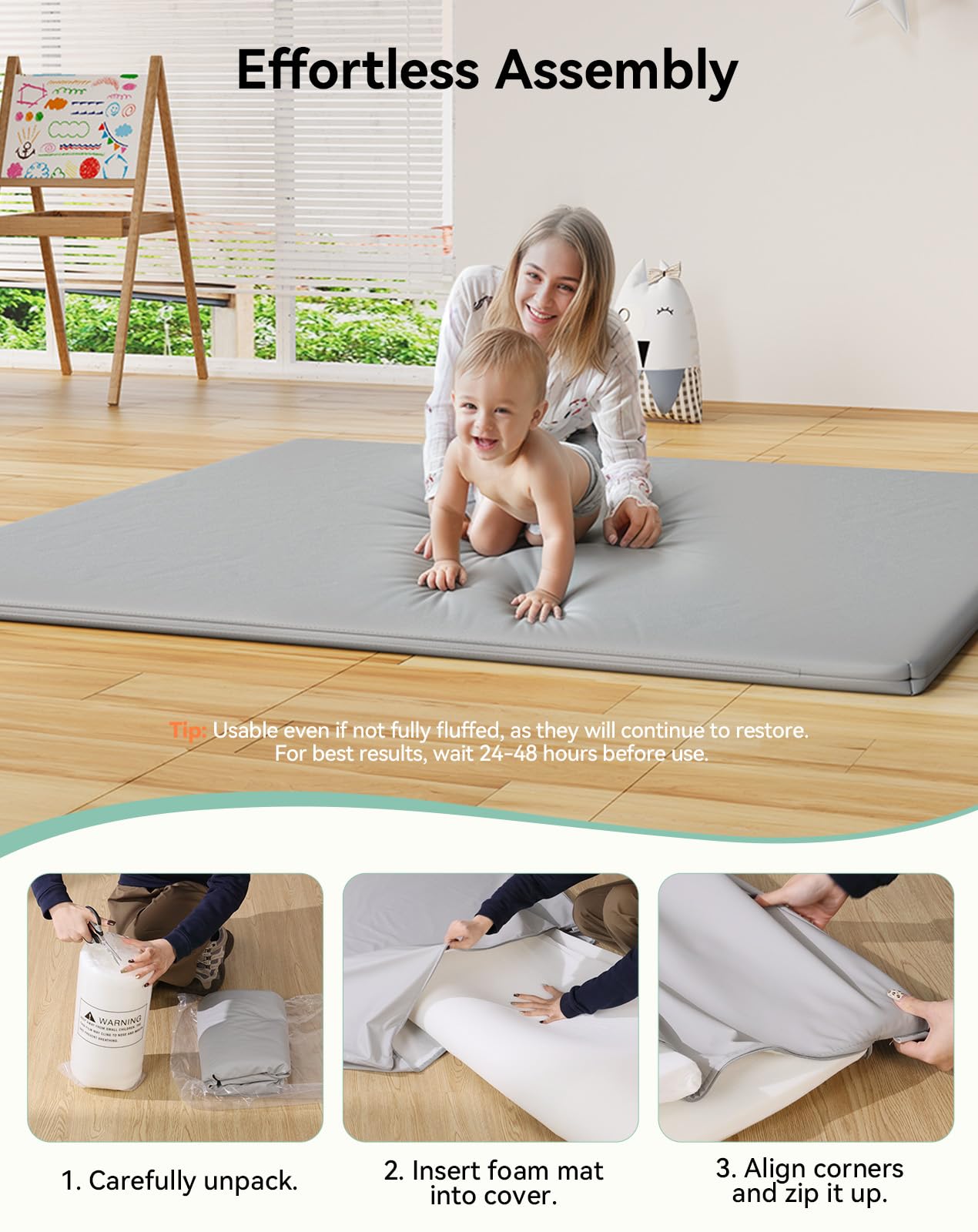 COMOMY Pelle Vegana Tappeto Gioco Bambini, 127x127x3 cm Extra Spesso e Morbido Tappeto Neonato, Impermeabile e Non Tossico Tappeto Tummy Time Neonati, Tappetino per Box Bambini, Grigio