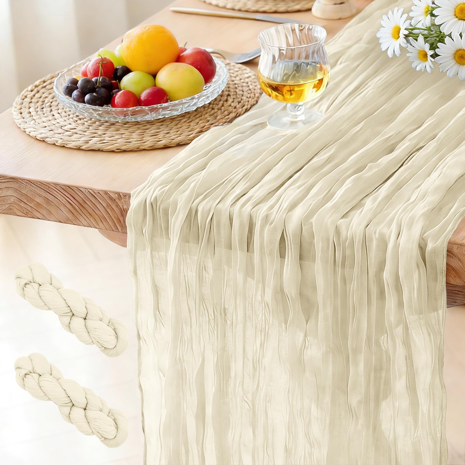 2 Pack Cheesecloth Table Runner Beige, 300 x 90 CM Table Runner Bohemian-style Gauze Rustic Gauze Fabric Tablecloth for Wedding, Parties, Christmas and New Year's Eve Table Decoration โ image 1
