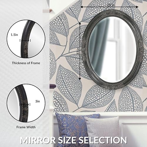 Miniatura 7 de Howard Elliott Queen Ann - Espejo de pared ovalado negro antiguo, espejos de tocador ovalados biselados colgantes con marco de madera para