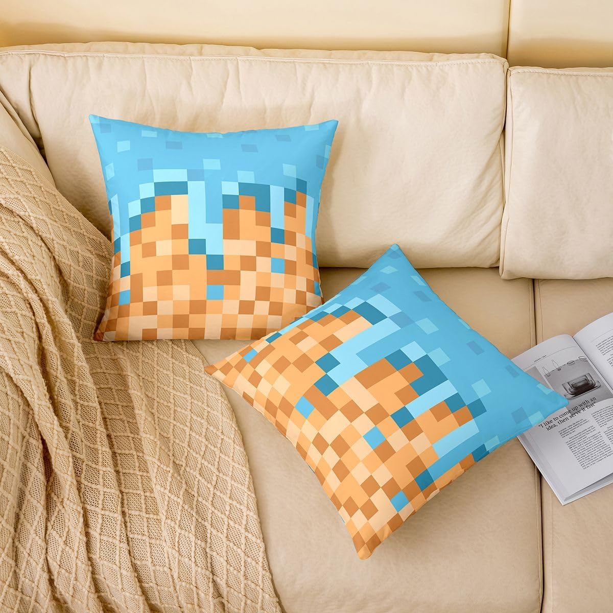 Castle Fairy Pixel Art Throw Pillow Covers Pack of 4,Gaming Dual-Sided Print for Kid Boy Teen Adult,Cartoon Gamepad Cushion Cover,Blue Khaki Room Decor,18" Lx18 W No Pillow Insert image 5