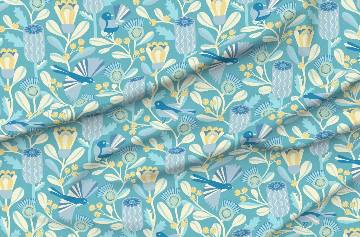 Spoonflower Fabric - Garden Retro Flowers Mid Century Modern Blue Floral Australian Flora Printed on Denim Fabric by The Yard - Bottomweight Apparel Home Decor Upholstery